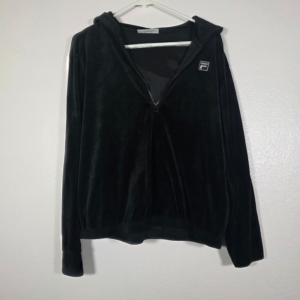 FILA Black Velour Zip Up Hoodie Jacket Logo Y2K Women’s Size L